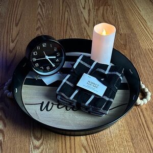 Black & White Welcome Serving Tray w/Plaid Dishcloth Set Flameless Candle/Clock